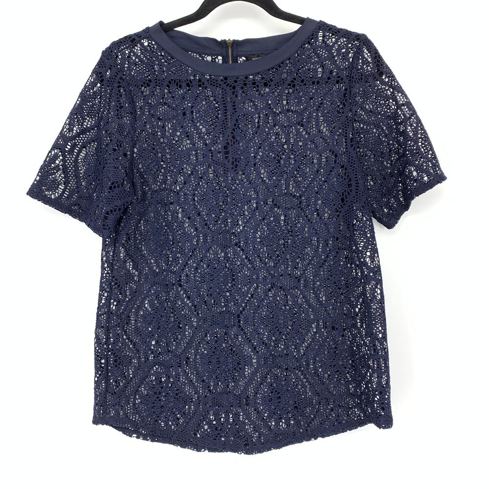 Banana Republic Short Sleeve Lace Blouse Womens Size Medium Navy Blue Semi Sheer